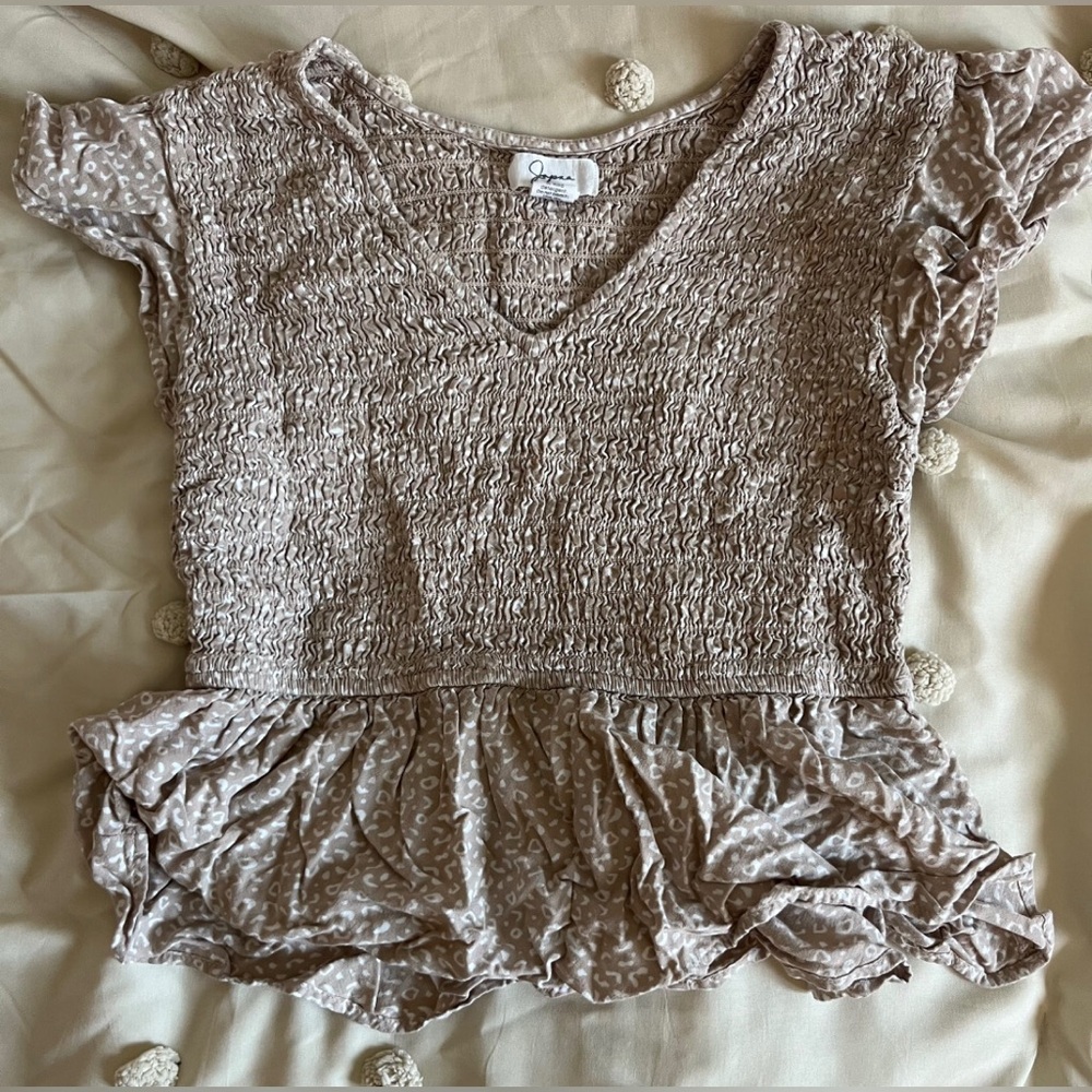Cream Smocked Peplum Blouse with Cap Sleeves